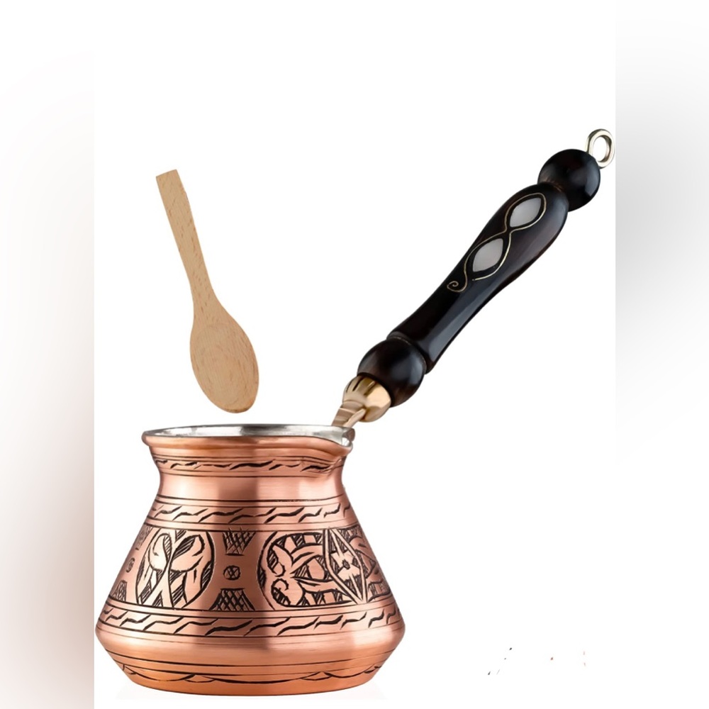 BCS 12 Oz Copper Turkish Greek Arabic Coffee Pot with Wooden Handle (4 servings)